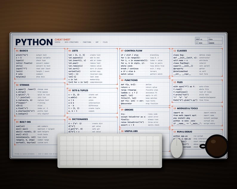 Pode incluir: Um tapete de secret&aacute;ria retangular com uma folha de dicas de Python, apresentando um layout de grelha com catorze sec&ccedil;&otilde;es que cobrem no&ccedil;&otilde;es b&aacute;sicas de programa&ccedil;&atilde;o, strings, listas, conjuntos, tuplas, dicion&aacute;rios, fluxo de controlo, fun&ccedil;&otilde;es, erros, bibliotecas, classes, ficheiros, m&oacute;dulos e depura&ccedil;&atilde;o.