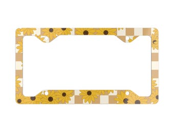 Sunflower Checkerboard Metal License Plate Frame | Retro Floral Car Accessory