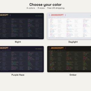 May include: Four rectangular desk mats featuring JavaScript cheat sheets in Night, Daylight, Purple Haze, and Ember colour schemes. Each mat displays code syntax, functions, and logic structures with the text JAVASCRIPT and node cheatsheet.js.