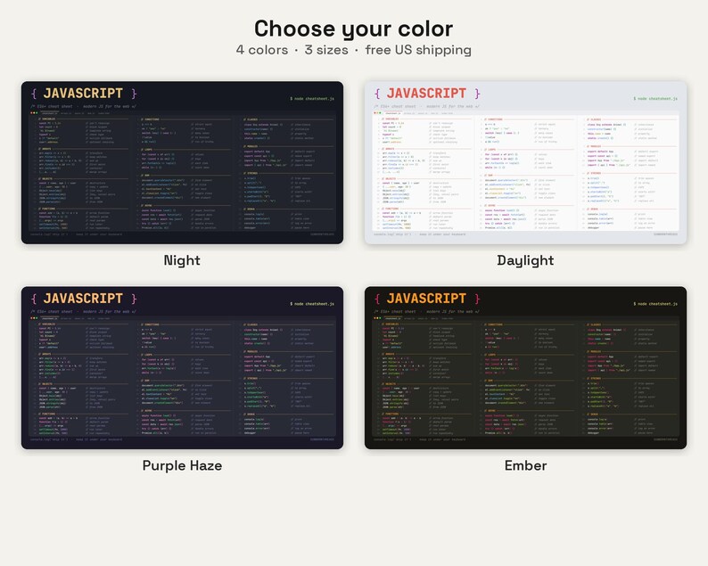 May include: Four rectangular desk mats featuring JavaScript cheat sheets in Night, Daylight, Purple Haze, and Ember colour schemes. Each mat displays code syntax, functions, and logic structures with the text JAVASCRIPT and node cheatsheet.js.