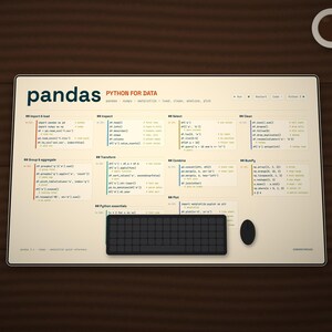 K&ouml;nnte beinhalten: Eine rechteckige Schreibtischunterlage mit cremefarbener Oberfl&auml;che, bedruckt mit einem umfassenden Pandas Python Datenanalyse-Spickzettel. Die Unterlage enth&auml;lt eine schwarze Tastatur und eine schwarze Computermaus auf den Code-Schnipseln.