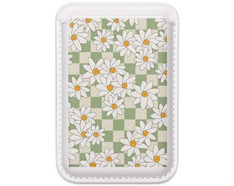 MagSafe Compatible Card Holder | Sage Green Daisy Checkered Phone Wallet