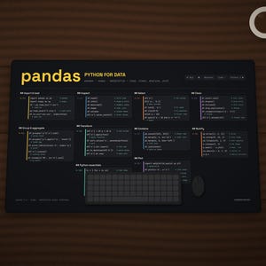 K&ouml;nnte beinhalten: Eine schwarze Schreibtischunterlage mit einem gelben pandas Python for data Spickzettel, der Code-Schnipsel zur Datenmanipulation enth&auml;lt, einschlie&szlig;lich Abschnitten f&uuml;r Import-, Inspektions-, Auswahl-, Bereinigungs- und Plot-Funktionen.