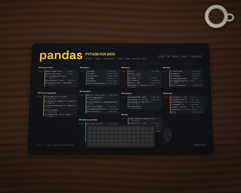 K&ouml;nnte beinhalten: Eine schwarze Schreibtischunterlage mit einem gelben pandas Python for data Spickzettel, der Code-Schnipsel zur Datenmanipulation enth&auml;lt, einschlie&szlig;lich Abschnitten f&uuml;r Import-, Inspektions-, Auswahl-, Bereinigungs- und Plot-Funktionen.