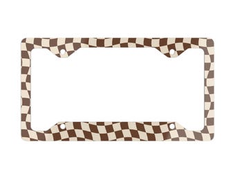 Cute License Plate Frame | Brown Wavy Checkered Metal Car Accessory, Retro Aesthetic Gift for Her