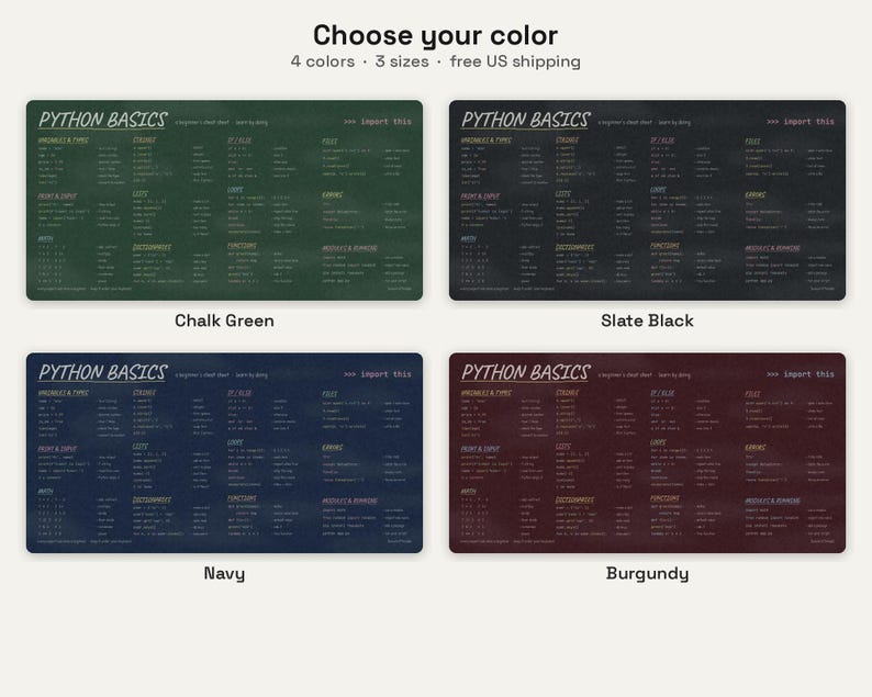 Python Basics Cheat Sheet Desk Mat, Beginner Coding Large Desk Pad, Chalkboard Programmer Gift, Computer Science Student Mouse Pad image 2