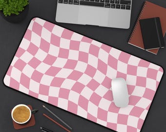 Pink Desk Mat | Wavy Checkered Large Mouse Pad, Cute Aesthetic Desk Pad for Home Office, Gift for Her
