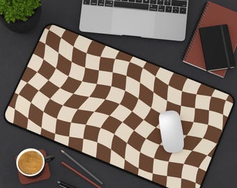 Brown Desk Mat | Wavy Checkered Large Mouse Pad, Retro Aesthetic Desk Pad for Home Office