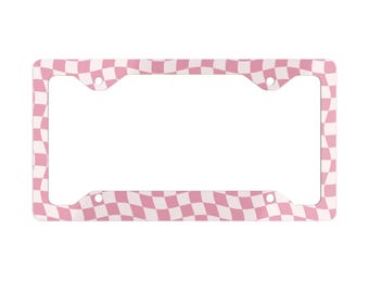 Pink License Plate Frame | Cute Wavy Checkered Metal Car Accessory for Women, New Driver Gift for Her