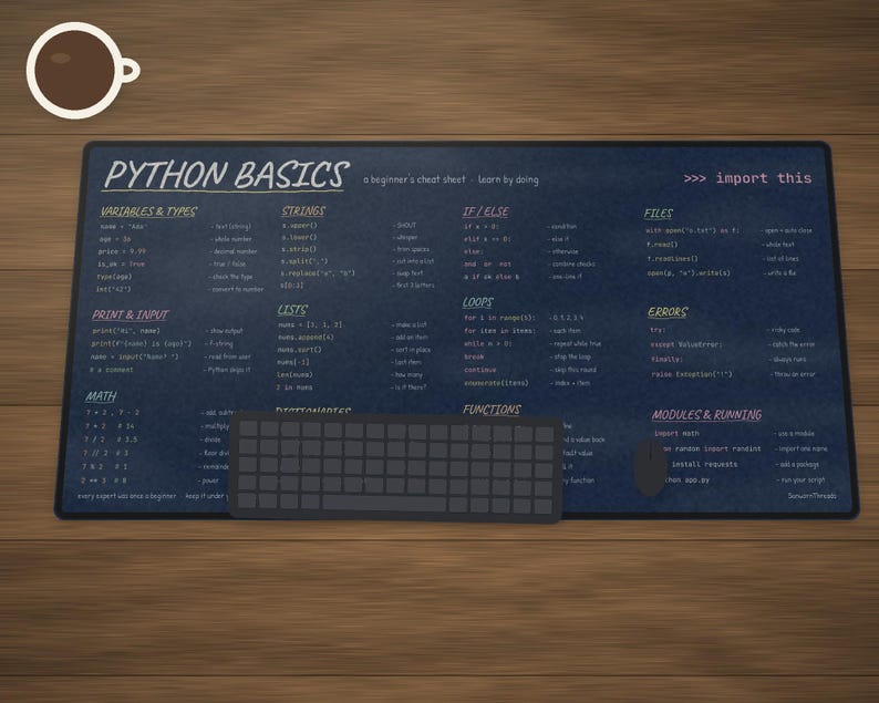 Python Basics Cheat Sheet Desk Mat, Beginner Coding Large Desk Pad, Chalkboard Programmer Gift, Computer Science Student Mouse Pad image 5