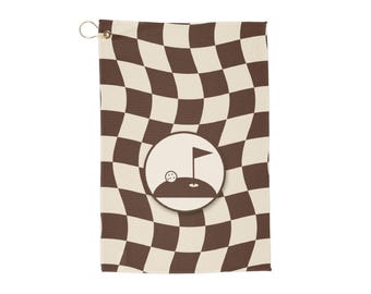 Golf Towel, Retro Wavy Checkered Golf Towel with Flag in 6 Colors, Green Navy Black Brown Pink Orange, Golf Gift for Men or Women