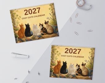 2027 Cat Calendar, Cozy Cats Wall Calendar 2027, Cute Cat Lover Gift, Illustrated Cat Art Calendar, Christmas Gift for Cat Mom