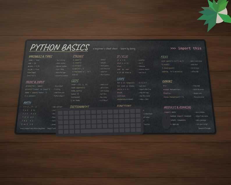 Python Basics Cheat Sheet Desk Mat, Beginner Coding Large Desk Pad, Chalkboard Programmer Gift, Computer Science Student Mouse Pad image 4