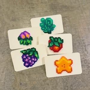 May include: Five pixel art pins made of fused plastic beads, each attached to a white rectangular display card. The designs include a green leafy plant, a purple and yellow flower, a red strawberry, a purple grape cluster, and an orange star.