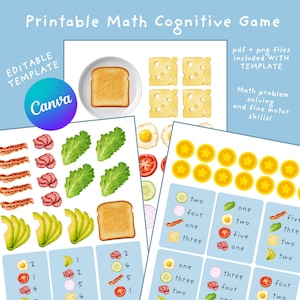 May include: A printable maths cognitive game template featuring illustrations of food items like toast, cheese, bacon, lettuce, avocado, eggs, and tomatoes. The sheets include counting exercises with text labels and yellow star tokens for maths problem solving.