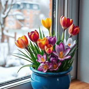 Peut inclure: Un bouquet vibrant de fleurs de crocus multicolores dans des tons de jaune, orange, rouge, violet et blanc, disposé dans un pot en céramique bleu cobalt, rond et brillant. Les fleurs présentent des feuilles vertes fines et des étamines jaunes.