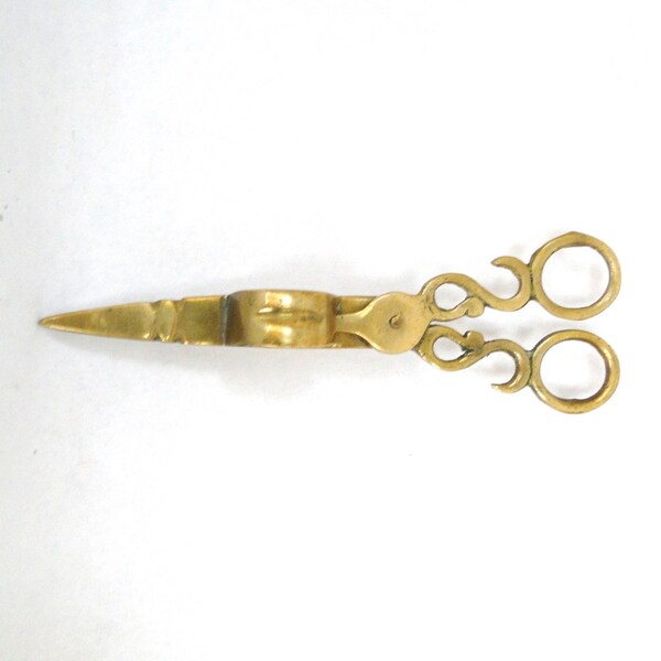 Vintage Scissors Antique Wick Trimmer Brass Scroll Handles Unique Candle Snuffer Turn of Century