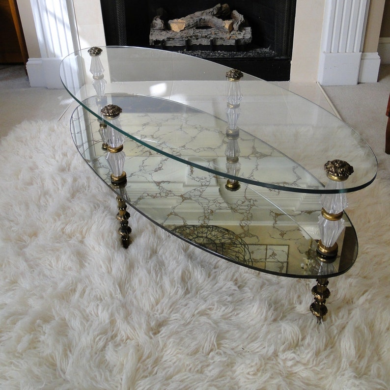 Vintage Coffee Table Gold Veined Reflective Two Tiered Glass Etsy