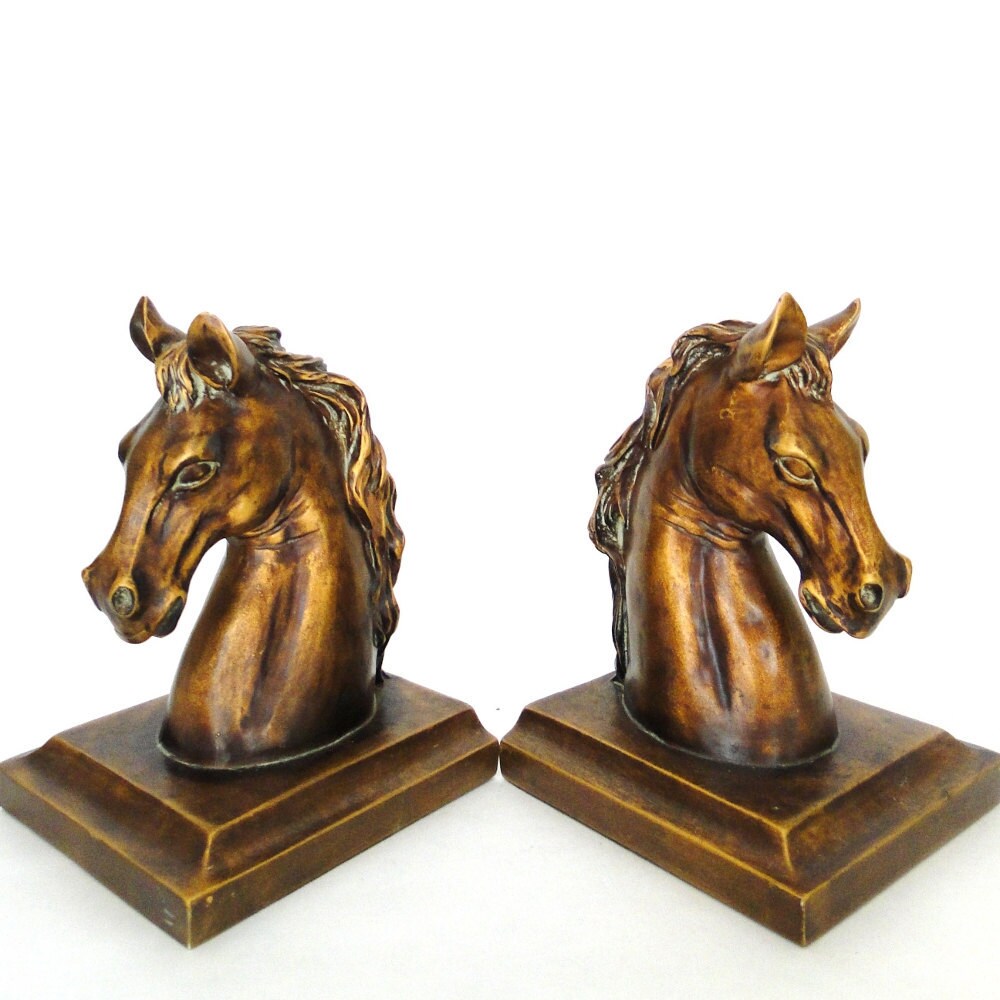 Vintage Bookends Horse Head Bronze Inspired Carved Book Shelf Etsy