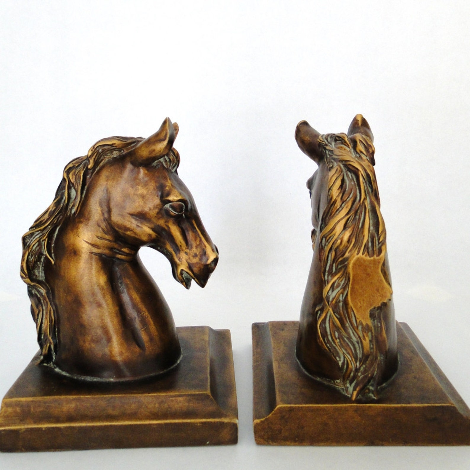 Vintage Bookends Horse Head Bronze Inspired Carved Book Shelf Etsy