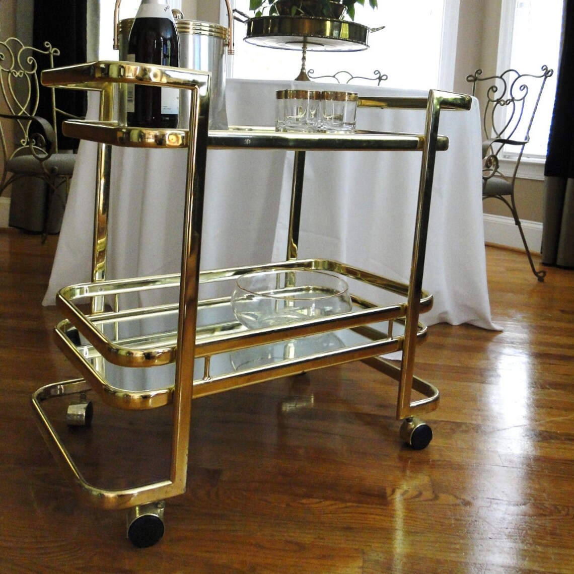 Vintage Bar Cart Hollywood Regency Gleaming Gold Geometric Etsy