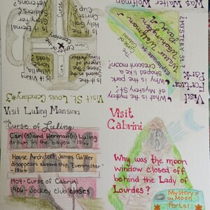 May include: A hand-drawn illustration divided into four sections featuring text and imagery. It includes a map-like diagram, a depiction of the Luling Mansion, a green van labeled Mystery of the Moon Portal, and various handwritten questions about local legends.