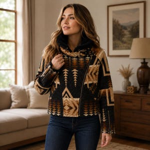 May include: A long-sleeve jacket featuring a black, tan, and brown geometric pattern. The jacket has a high collar with a black faux fur lining, an asymmetrical silver-tone metal zipper closure, and silver-tone metal zippers on the sleeve cuffs.