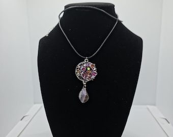Celestial Moon Pendant Necklace with Amethyst Drop