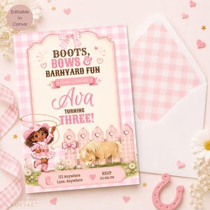 Faire-part d'anniversaire cow-girl rose, nœuds de bottes en toile modifiables et invitation amusante de basse-cour, modèle de fête imprimable