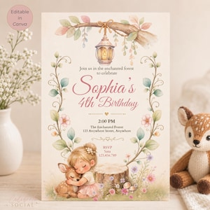 May include: A whimsical birthday invitation featuring a watercolor illustration. The design includes a girl hugging a fawn, floral accents, and the text "Sophia's 4th Birthday." The invitation is set in a whimsical enchanted forest theme.