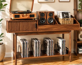 Mid Century Walnut Record Player Stand with Vinyl Storage, Fluted Cabinet Media Console