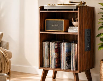 Mid-Century Walnut Record Player Stand with Vinyl Storage, Charging Station