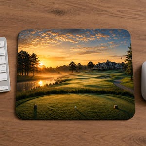May include: A rectangular mouse pad featuring a high-resolution landscape photograph of a golf course at sunrise. The image displays a green fairway, a calm pond reflecting the golden sky, silhouetted trees, and a clubhouse in the distance.