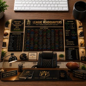 May include: A rectangular desk mat featuring a fantasy football draft board design with black and gold accents. The mat displays text including LEAGUE HEADQUARTERS, DRAFT BOARD, and various league statistics, alongside a central FF logo and desk accessories.
