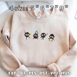 May include: A beige crewneck sweatshirt featuring an embroidered design of four black fuzzy soot sprites holding colorful stars. The text 4 size 5 6 7 9 and EXP - JEF - PES - DST - VP3 - HUS are printed on the image to indicate file formats.