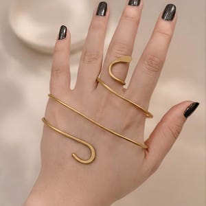 Gold Wire Wrap Hand Cuff – Sculptural Spiral Knuckle Ring Bracelet, Adjustable Artisan Jewelry