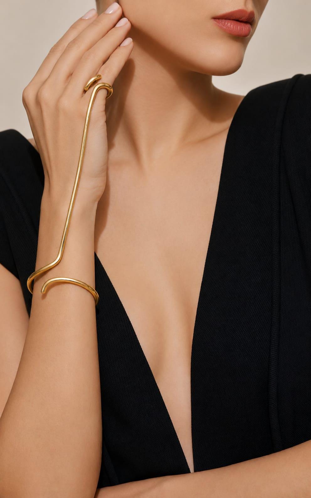 Gold Hand Chain - Sculptural Ring to Bracelet Cuff, Modern Statement Jewelry