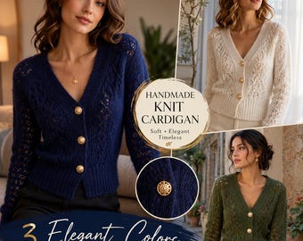 Hand Knit Lace Cardigan, Fuzzy V Neck Wool Sweater, Women’s Mohair Style Cardigan