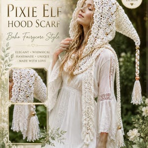 May include: A cream-colored handmade crochet pixie elf hood scarf featuring an elongated pointed hood adorned with small gold beads and long braided ties ending in matching gold beads and yarn tassels. The design includes intricate openwork patterns.