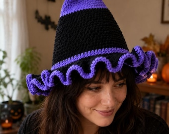 Crochet Witch Hat Pattern, Ruffled Brim Floppy Pointed Hat (Digital Download)