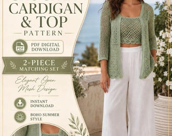 Crochet Cardigan & Top PDF Pattern,  Open Mesh Lace Set, Women’s Boho Summer Outfit Digital Download