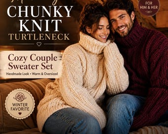 Couple Turtleneck Sweater Knitting Pattern PDF, Matching Chunky Knit Pullover (Digital Download)