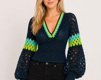 V Neck Crochet Sweater Pattern, Balloon Sleeve Pullover PDF, Retro Granny Lace Top