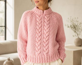 Chunky Crochet Sweater Pattern PDF, Blush Cable Mock Neck Pullover, Women’s Raglan Download