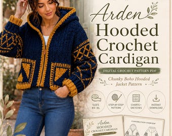 Boho Winter Hooded Chunky Crochet Cardigan Jacket  Pattern Women Sweater PDF XS-XL