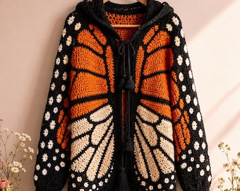 Monarch Butterfly Crochet Cardigan Pattern PDF, Hooded Sweater with Wing Colorwork