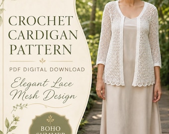 Lace Cardigan Crochet Pattern PDF, Open Mesh Summer Jacket, Women’s Cover Up, Lightweight Boho Clothing, Digital Download