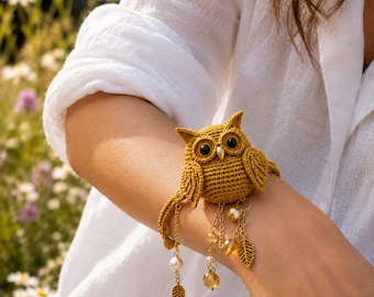 Crochet Owl Bracelet PDF Pattern, Mustard Amigurumi Jewelry Tutorial with Beads & Chains