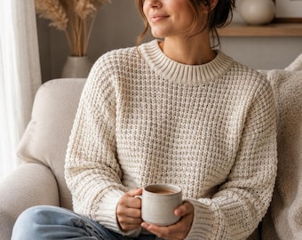 Neutral Winter Lifestyle Chunky Knit Cozy Crochet Sweater Pattern.