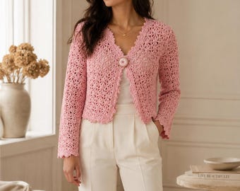 Crochet Cardigan Pattern , Lace Sweater, Scalloped Summer Jacket (Digital Download)